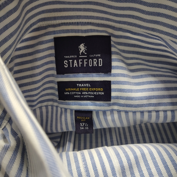 Stafford Mens Wrinkle Free Oxford Button Down Blue Stripe Shirt Size 17.5 34/35 - Picture 4 of 8